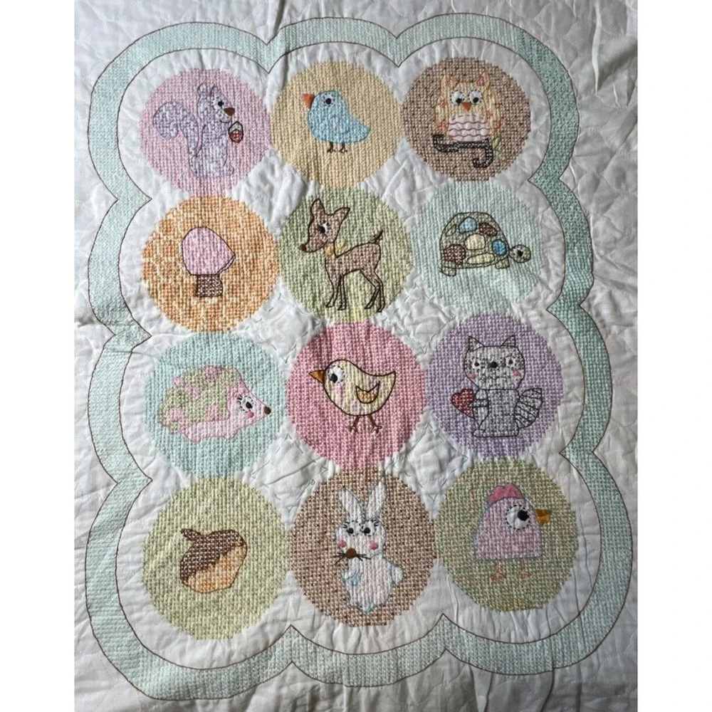 Baby Blanket Hand Made Embroidered Reversible Ruffled Edge Happi Woodland Quilt‎